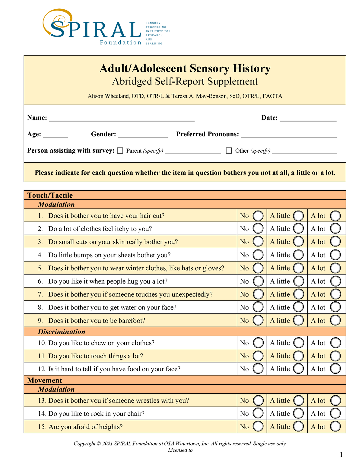 Adult/Adolescent Sensory History – SPIRAL Foundation