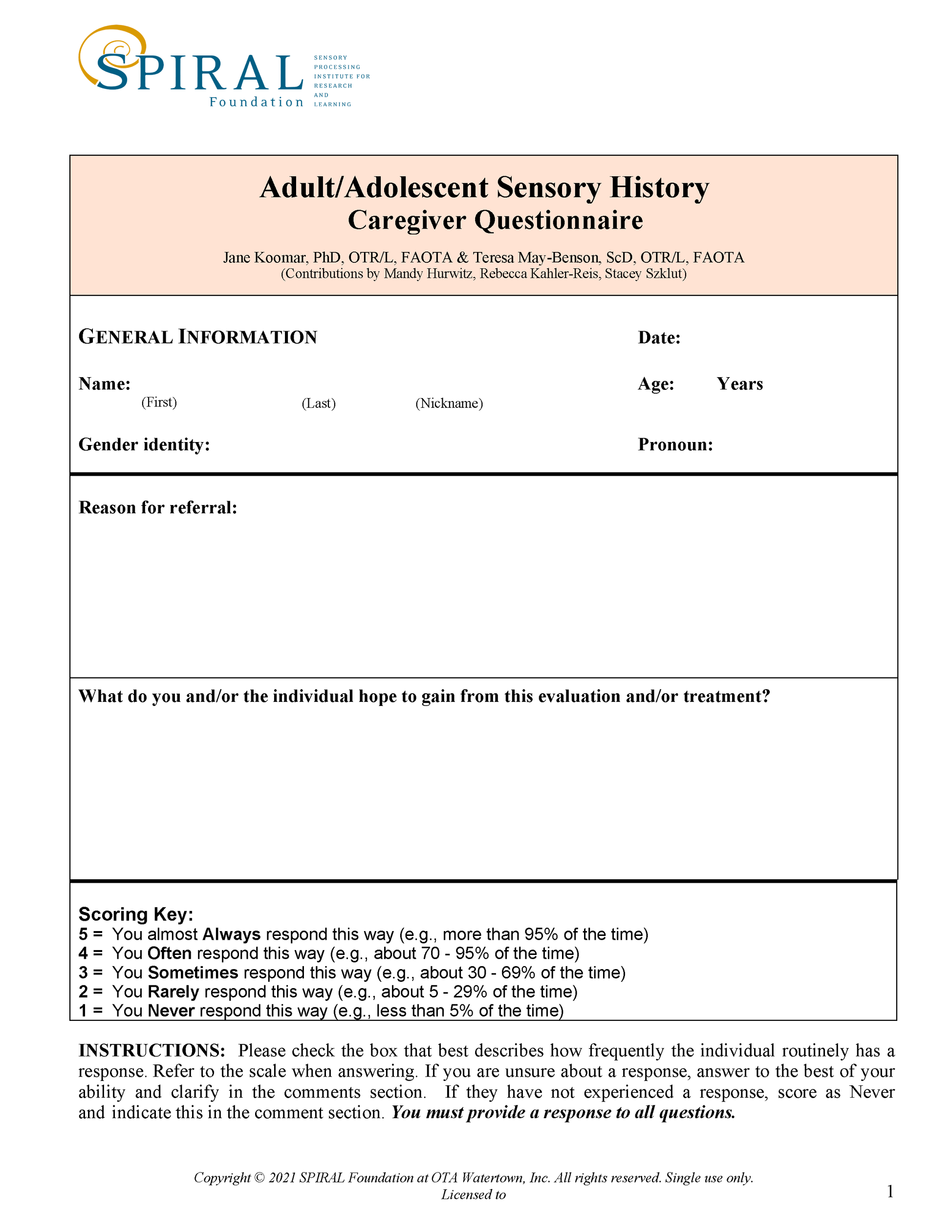 ASH: Caregiver Questionnaire 25 Pack. (Print, English)