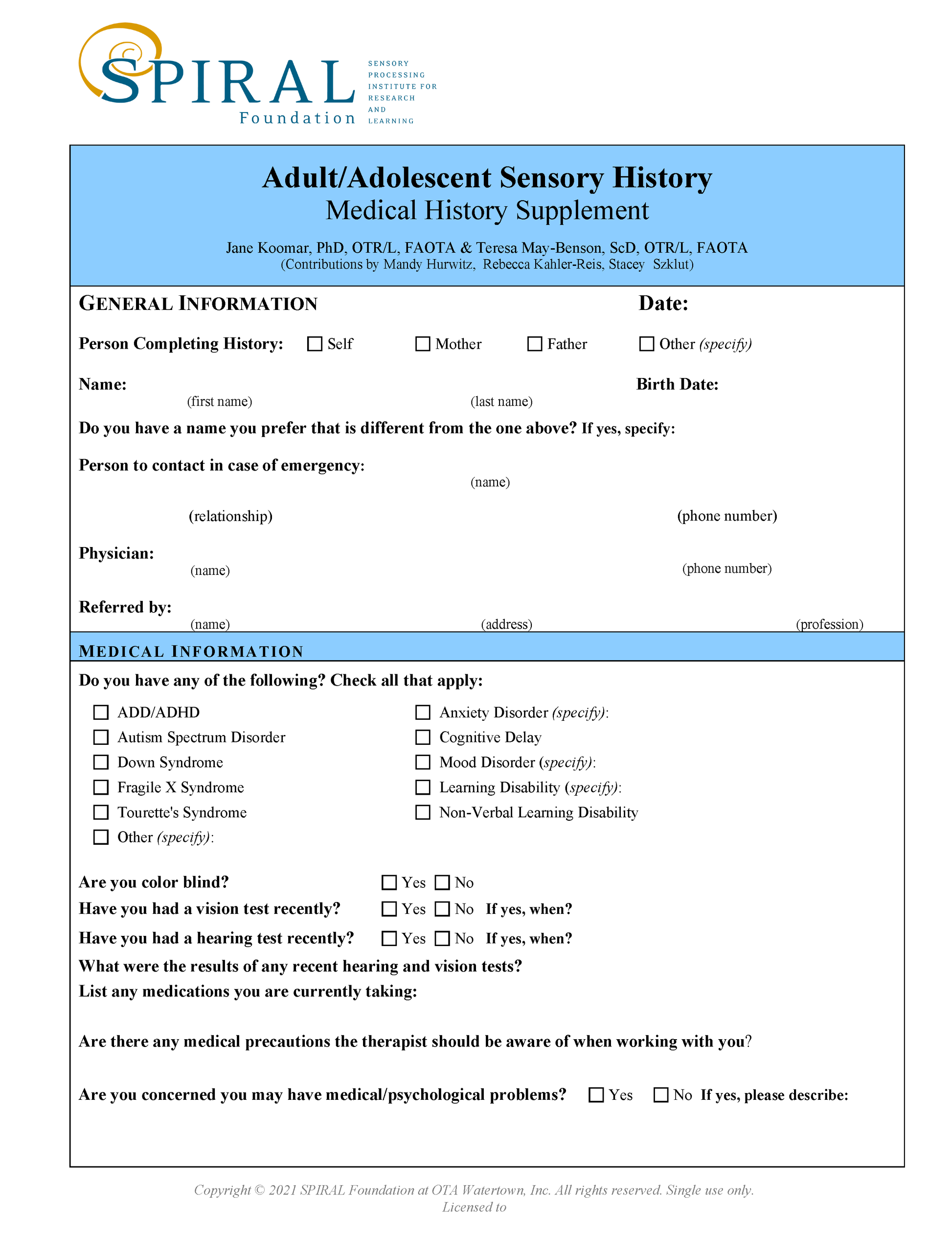 ASH: Medical History Supplement 25 Pack (Print, English)